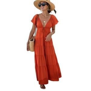 O.P.T. Orange Tiered Maxi Dress V-Neck Flutter Sleeve Tie Front Open Back Small